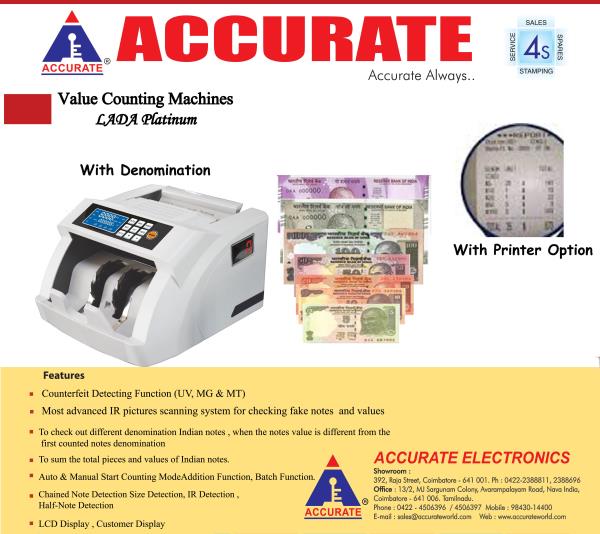 ACCURATE – Lada Platinum Currency Counting Machine
We are dealing Quality Cash Counting Machine & Bundle Note Cash Counting Machine.
Value Counting Machine.
#CashCountingMachine
#PrinteconnectedOption.
#Mixedcashcounting machine
#LoosenoteCountingMachine
#FakeNoteDetectionCountingMachine
#QualityCashCountingMachine
#100%FakenoteDetection.
#AccurateCashcountingMachine.
#Accuratecashcounting
#Accurate
Contact: 98430 23112
Click here to know more : https://goo.gl/FrhGBp