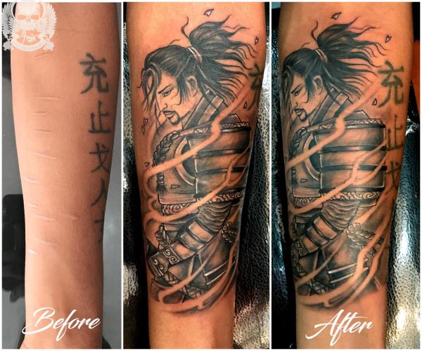 cover up tattoo of scars with samurai tattoo at nandi tattoos cover up tattoo of scars with samurai tattoo at nandi tattoos