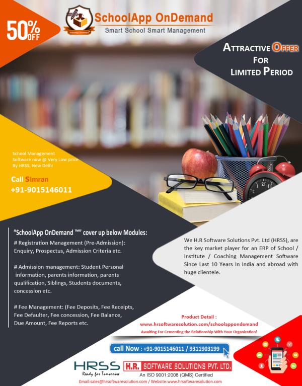 H.R. Software Solutions Pvt. Ltd. is a leading pioneer of School Software which has always offered advanced and innovative solutions to its respectable business clients. Our designed applications are simple, flexible, and easy to operate and demands little maintenance.