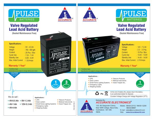 ACCURATE - PULSE BATTERIES
Huge Stock available at Reasonable Price.
1 Year Warranty. We are dealing quality PULSE Batteries.
UPSbatteries, WeighingScalebatteries, Emergencylightbatteries
ComputerUPSbatteries, Smallhomelightingsystems, Telecomproduct
Solarbatteries, 1YearWarrantybatteries, 6V-4.5Ahbatteries,
12V-7.2Ahbatteries, PulseBatteries, AccurateWeighing, Weighing
Click here to know more : https://goo.gl/bJ8JAh
Contact: 98430 23112, 98437 47667
