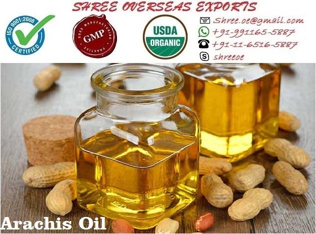 Best exporter of Arachis or peanut oil.
ARACHIS OIL
( Arachis Hypogaea )
Arachis Oil is an annual & perennial flowering plant in pea family (leguminosae). Peanut (Arachis hypogaea) is a major food crop species of global importance and peanut or arachis oil is obtained from this species only. It grows best in sandy, loamy & clay soils which are well drained and grows best in warm sunny sheltered position, it cannot grow in shade. Plant need hot dry conditions when it ripens. It grows up to 1 ft in height. Plant need hot dry conditions when it ripens. Peanut oilobtained from peanuts and is a mild tasting vegetable oil, available in refined, unrefined , cold pressed & roasted varieties.
This all-purpose oil is known for its distinctive aroma, mild flavor and taste of its parent legume.
Botanical Name: Arachis Hypogaea
Appearance : Viscous liquid
Color : Virtually Clear with Light, Nutty and Fatty aroma
Extraction: It is extracted by cold expression of nuts/Seeds.
Components: Its major components fatty acids are Oleic acid, linoleic acid& palmitic acid.
Blending: It blends well with other essential oils.
Uses:
1. Rich in Vitamin A, Peanut oil is widely used in various skin care formulations for its moisturizing properties. It is useful for treating skin conditions such as acne and blackheads.
2. Wonderfully pleasant, sweet flavored peanut oil is low in saturated fats, free from cholesterol, contains essential fatty acid ( linoleic acid (omega-6)) making it as one of the healthiest cooking oil
3. Peanut oil contains valuable amounts of anti-oxidant & vitamin E.
4. Resveratrol reduces stroke risk by alteration of molecular mechanisms in blood vessels (reducing susceptibility to vascular damage through decreased activity of angiotensin, a systemic hormone causing blood vessel constriction that would elevate blood pressure) and by increasing production of the vasodilator hormone, nitric oxide.
