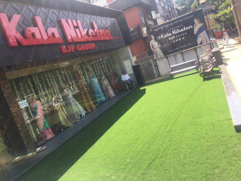 Beautifully laid artificial turf outside a premium retail store in Mumbai. Artificial grass beautifies exteriors or interiors both alike. Maintenance free and gives the looks like real grass.