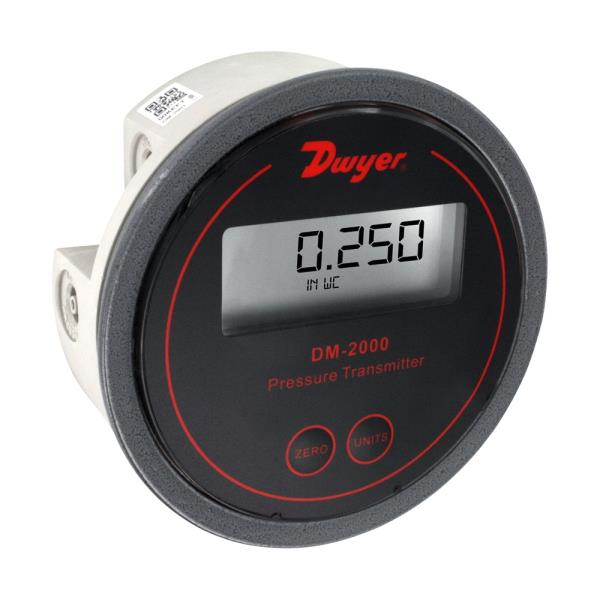 Series DM-2000 Differential Pressure Transmitter
The Dwyer Series DM-2000 Differential Pressure Transmitter senses the pressure of air and compatible gases and sends a standard 4-20 mA output signal. The DM-2000 housing is specifically designed to mount in the same diameter cutout as a standard Magnehelic® gage. A wide range of models are available factory calibrated to specific ranges. Pressure connections are inherent to the glass filled plastic molded housing making installation quick and easy. Digital push-button zero and span simplify calibration over typical turn-potentiometers. An optional 3.5 digit LCD shows process and engineering units. A single bush button allows field selection of 4 to 6 engineering units depending on range. Product Applications Filter monitoring. Fan pressure indication. Duct static pressures. Bi-direction ranges ideal for sensing fluctuating building pressure.