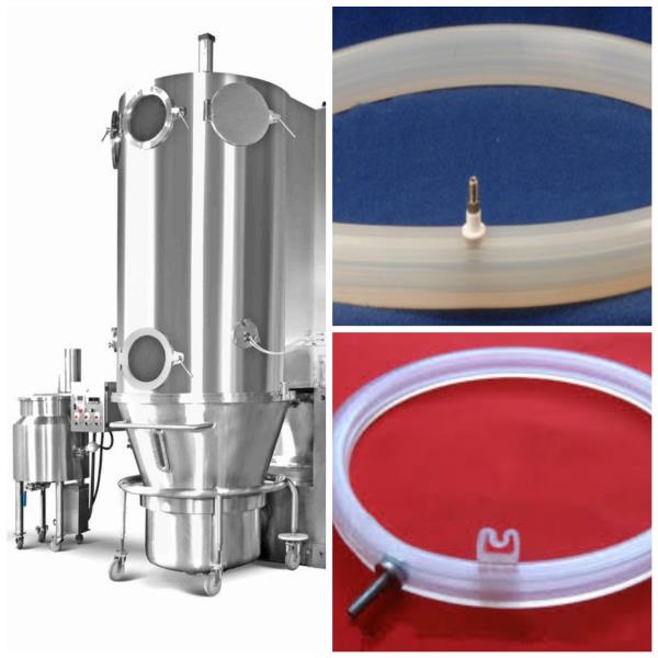 Fluidized Bed Dryers The Fluidized Bed Dryers are known for single stage operation and extensively used to convert solutions, suspensions, and slurries into dry powder within a few seconds without any intermediate handling. The high speed of the process and controlled temperature ensure the optimum efficiency of the process. Applications:- The Fluidized Bed Dryers or Fluid Bed Dryers (FBD) are primarily used in almost all chemical, pharmaceutical, food, dyestuff and other process industries to dry materials by fluidization with hot and / or dehumidified air, which creates a turbulence in the wet product (not totally liquid) while flowing through it. Working Principle:- The atmospheric air is sucked in the dryer through 5/10 micron filter by efficient dynamically balanced fan driven by an electric motor. The clean air then passes over the electric heaters / steam or radiator provided with controller. The hot air passes through the product and fluidization dries the product. Dryer is provided with dehumidifier (Chilled water system) at the inlet so as to dry the product at low temperature under fluidized condition. The blower speed is controlled by AC frequency drive so as to control the fluidization avoiding choking of the filter bag. A raking system is provided to avoid lump formation in the container to achieve uniform fluidization and uniform drying. The drying time depends on various factors such as physical properties of material, moisture content, type of moisture (free or inherent or water of crystallization), drying temperature etc. For example, the crystalline product can be dried faster than amorphous product containing same percentage of moisture at same temperature. Salient Features:- Machine and the trolley are scientifically constructed. The lifting jack is housed in the inlet lower chamber (part of the main shell). It is of Stainless Steel and is lined with neoprene grade rubber of suitable hardness for sealing with the product container. The lifting jack is fitted with a pneumatic lifting device, which consists of 2 numbers pneumatic cylinders along with control valves, pressure regulating device and air filter. Air pressure requirement is 4 kg/cm2. The expansion chamber has a guide for positioning the product container. The filter bag chamber is made from Stainless Steel sheets. The filter bag can be de-dusted manually or pneumatically. The air inside is circulated by the blower. It has an impeller with a backward curve type blade. The impeller is driven by Flame Proof or Non Flame Proof Motor. The dryer is Electrical/Steam Heated as desired. Heaters are of finned tubes tested to 6 kg/cm2 pressure. FBD Machinery Manufacturers:- Glatt Systems Pvt Ltd ACG Pharma Technologies Gansons Limited Alliance Engineering Company Gea process engineering Solace engineers mktg pvt ltd Tapasya Engineering Pvt. Ltd SSPM Systems & Engineers Prism Pharma Machinery Precikot pharma pvt ltd ( Kothari pharma technologies) Chamunda pharma machinery Bectochem Consultants & Engineers Pvt. Ltd. Chitra Machineries Pvt. Ltd The Bombay Engineering Works Umang Pharmatech Pvt. Ltd. Shakti Pharmatech Pvt. Ltd Anchor Mark Machine Kevin process technology Anish Pharma Equipment Pvt Ltd Saral engineering company Shree Pharma Engineering Works Sams technomech private limited Himsan Polymer is the leading manufactures of Spares (Rubber Parts) and Silicone rubber inflatable gaskets .