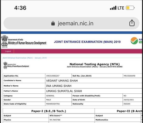 JEE physics result 2019
