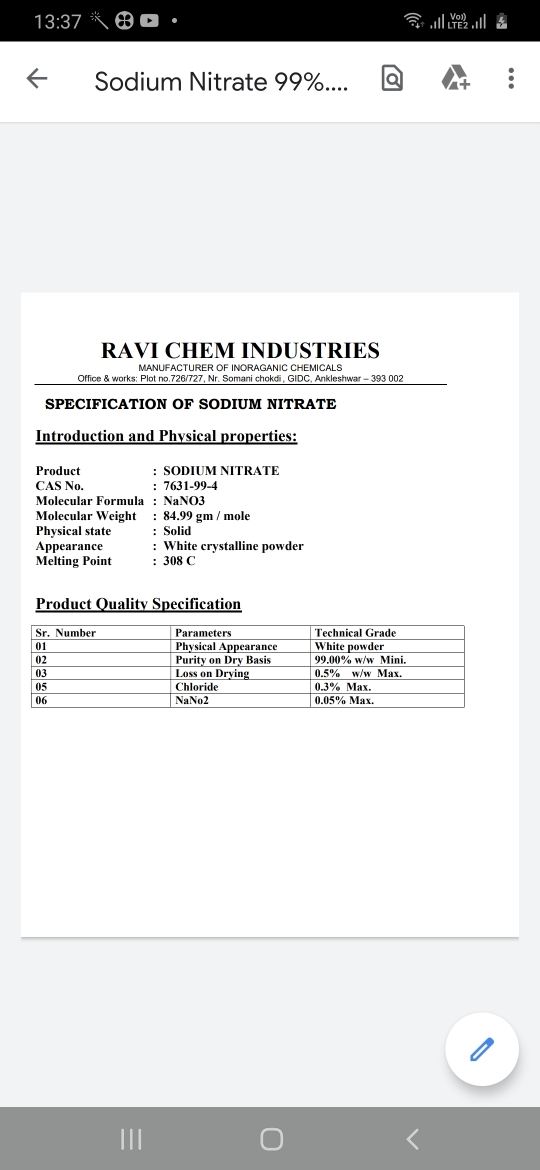 Sodium Nitrate 99% white dry f