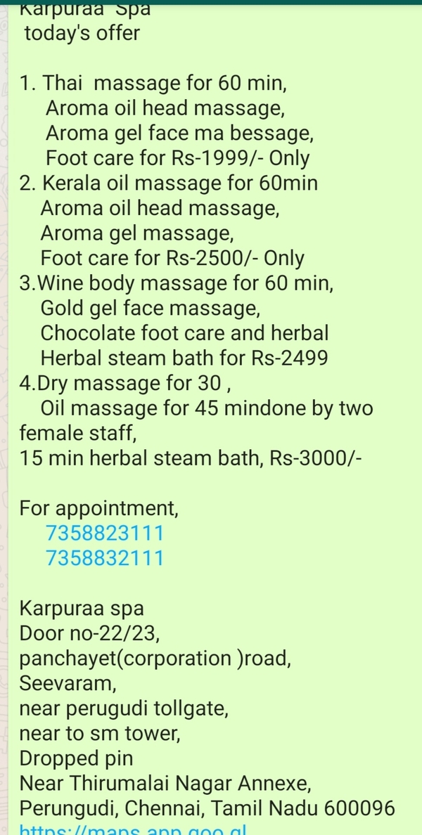 Mayzz Karpuraa  Spa
 today's offer

1. T