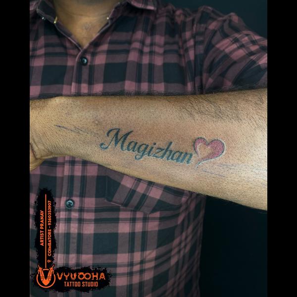 Magizhan Name Tattoo with Hear