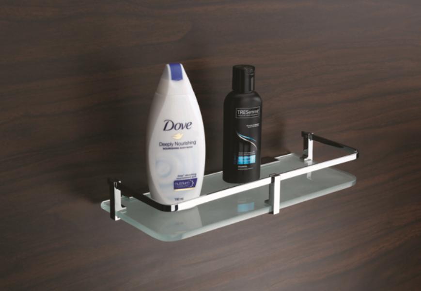 A glass bathroom shelf brings 