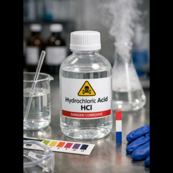 **Hydrochloric acid (HCl)** is a strong, highly co