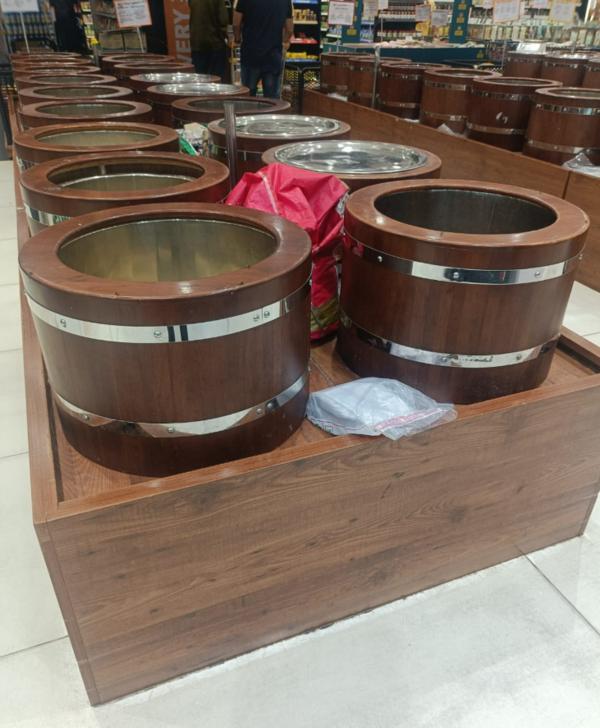 Grocery display wooden barrels are an attractive a