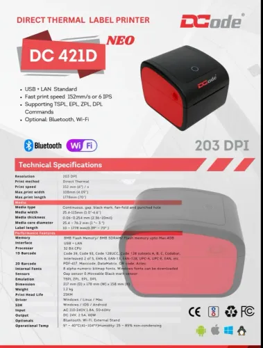 Dcode DC421D Neo Direct Thermal Printer USB + LAN 