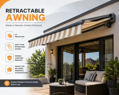 A retractable awning provides adjustable protectio