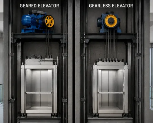 Geared and gearless elevators both use traction pr